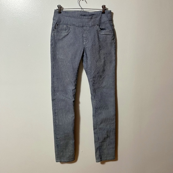 BLUBERRY Denim Striped White Blue Pull On Tapered Stretchy Nautical Pant - Picture 1 of 9